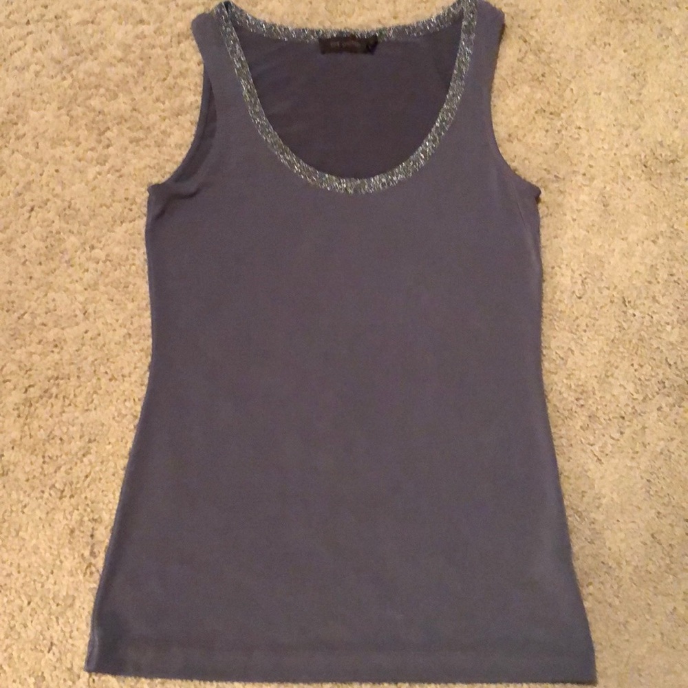 Gray dressy tank top with silver neckline
